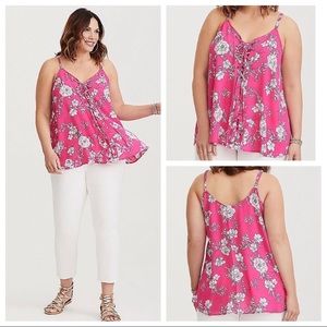 Torrid Pink Floral Lace Up Cami - Size 2